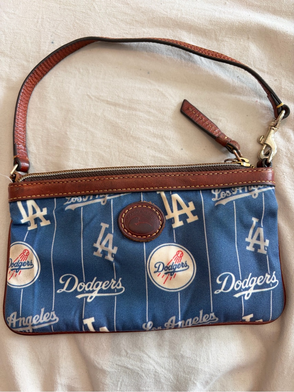 Dooney & Bourke Blue Dodgers Logo Wristlet with Brown Trim